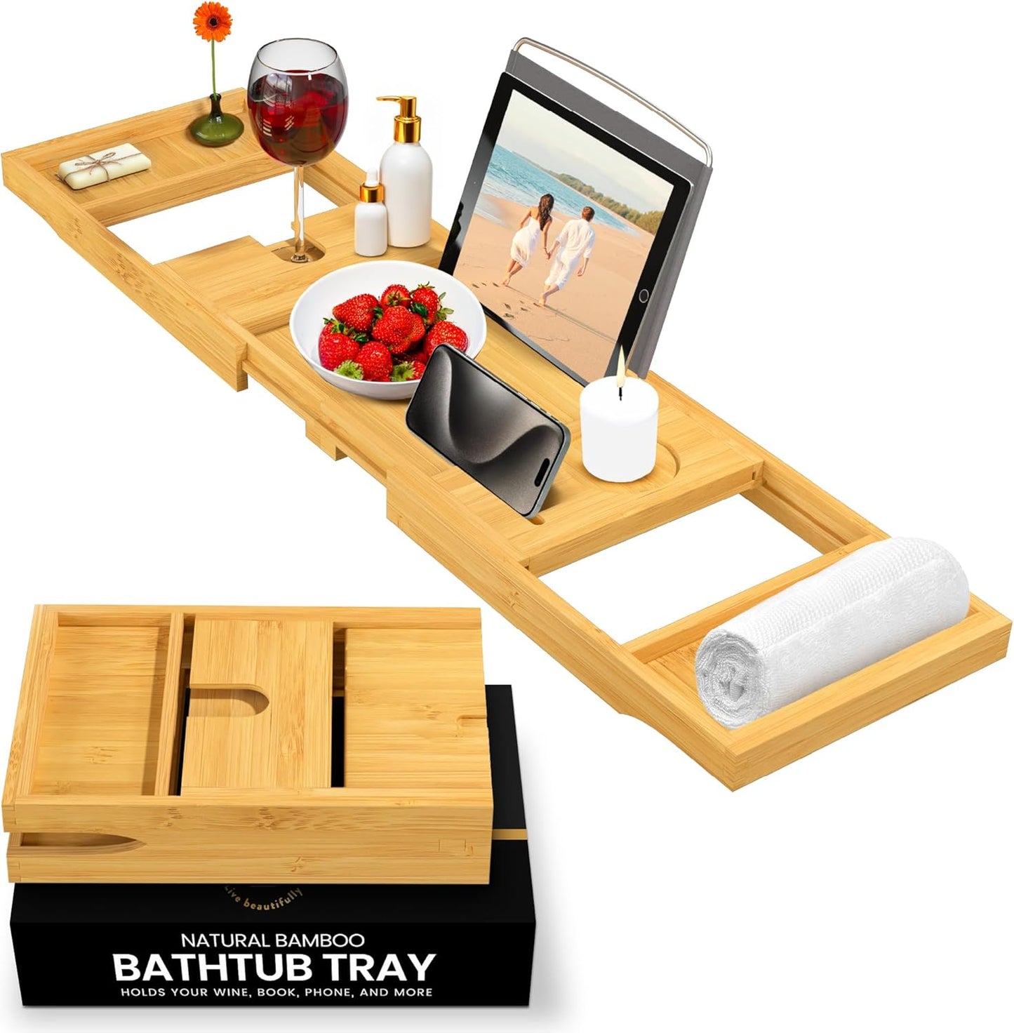 Bamboo Bathtub Tray for Tub - Expandable Bath Tray with Wine, Book & Tablet Holder - Luxurious Spa Accessories for Relaxation, Foldable Tub Caddy, Bath Table, Unique Gifts for Women & Men - by