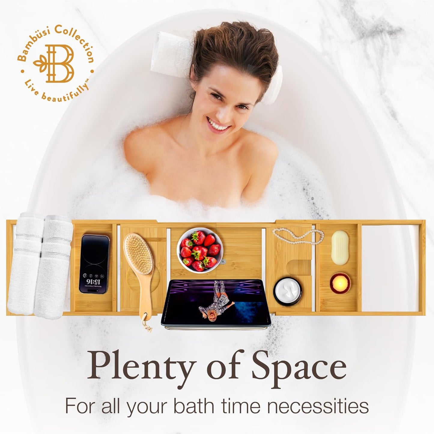 Bamboo Bathtub Tray for Tub - Expandable Bath Tray with Wine, Book & Tablet Holder - Luxurious Spa Accessories for Relaxation, Foldable Tub Caddy, Bath Table, Unique Gifts for Women & Men - by
