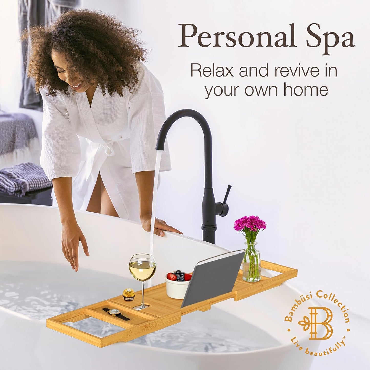 Bamboo Bathtub Tray for Tub - Expandable Bath Tray with Wine, Book & Tablet Holder - Luxurious Spa Accessories for Relaxation, Foldable Tub Caddy, Bath Table, Unique Gifts for Women & Men - by