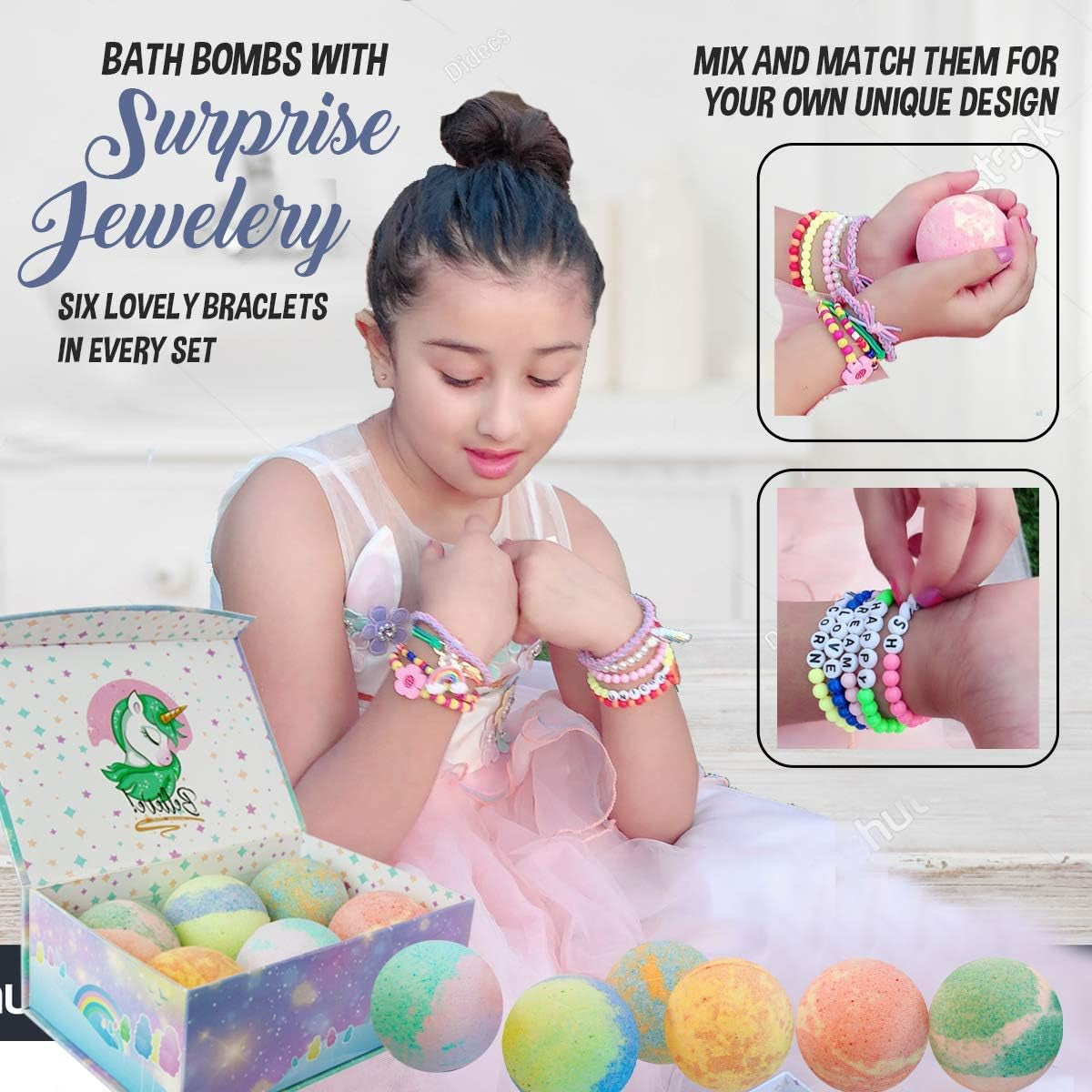 Bath Bombs for Kids with Surprise Inside, Unicorn Bath Bombs for Girls with Jewelry & Jewelry Box for Kids - Organic, Skin Moisturizing, Natural Bubble Bath, Easter Basket Essentials for Girls, Kids
