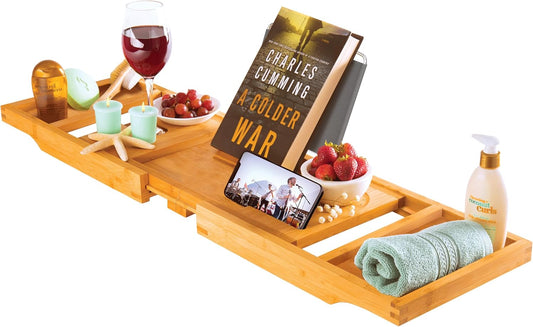 Bamboo Bathtub Tray for Tub - Expandable Bath Tray with Wine, Book & Tablet Holder - Luxurious Spa Accessories for Relaxation, Foldable Tub Caddy, Bath Table, Unique Gifts for Women & Men - by