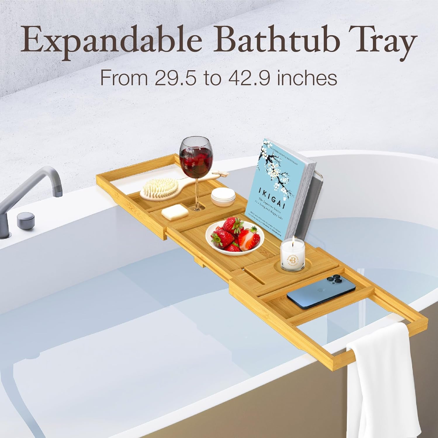 Bamboo Bathtub Tray for Tub - Expandable Bath Tray with Wine, Book & Tablet Holder - Luxurious Spa Accessories for Relaxation, Foldable Tub Caddy, Bath Table, Unique Gifts for Women & Men - by