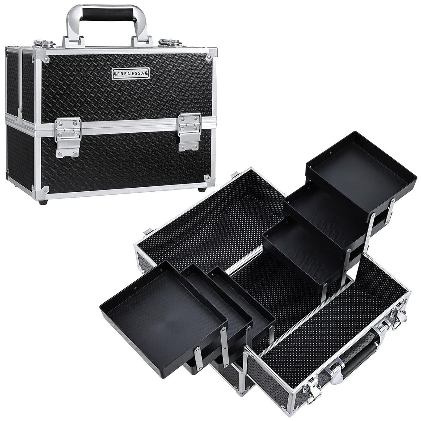Makeup Train Case 12 Inch Large Portable Cosmetic Case - 6 Tier Trays Professional Makeup Storage Organizer Box Make up Carrier with Lockable Keys Travel Case for Women and Girls - Black