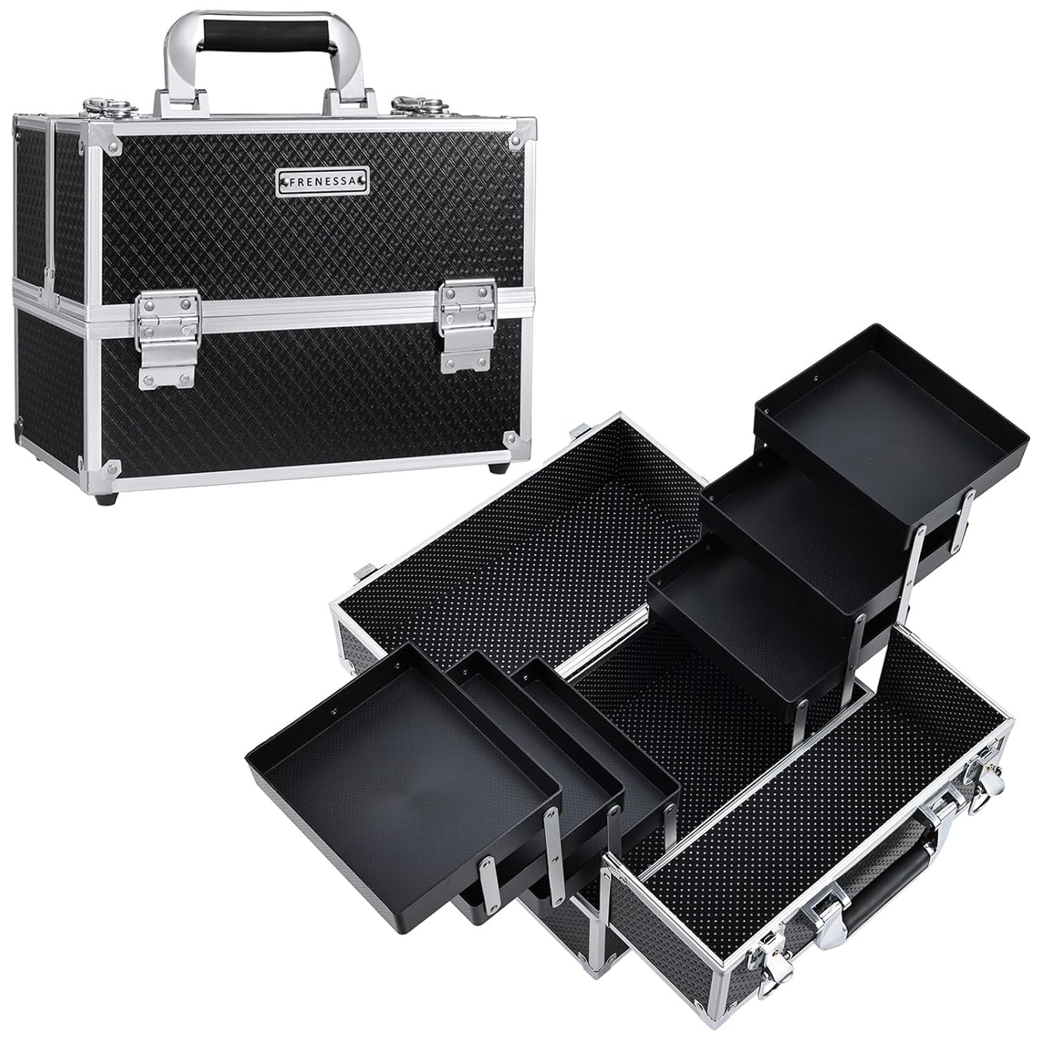 Makeup Train Case 12 Inch Large Portable Cosmetic Case - 6 Tier Trays Professional Makeup Storage Organizer Box Make up Carrier with Lockable Keys Travel Case for Women and Girls - Black