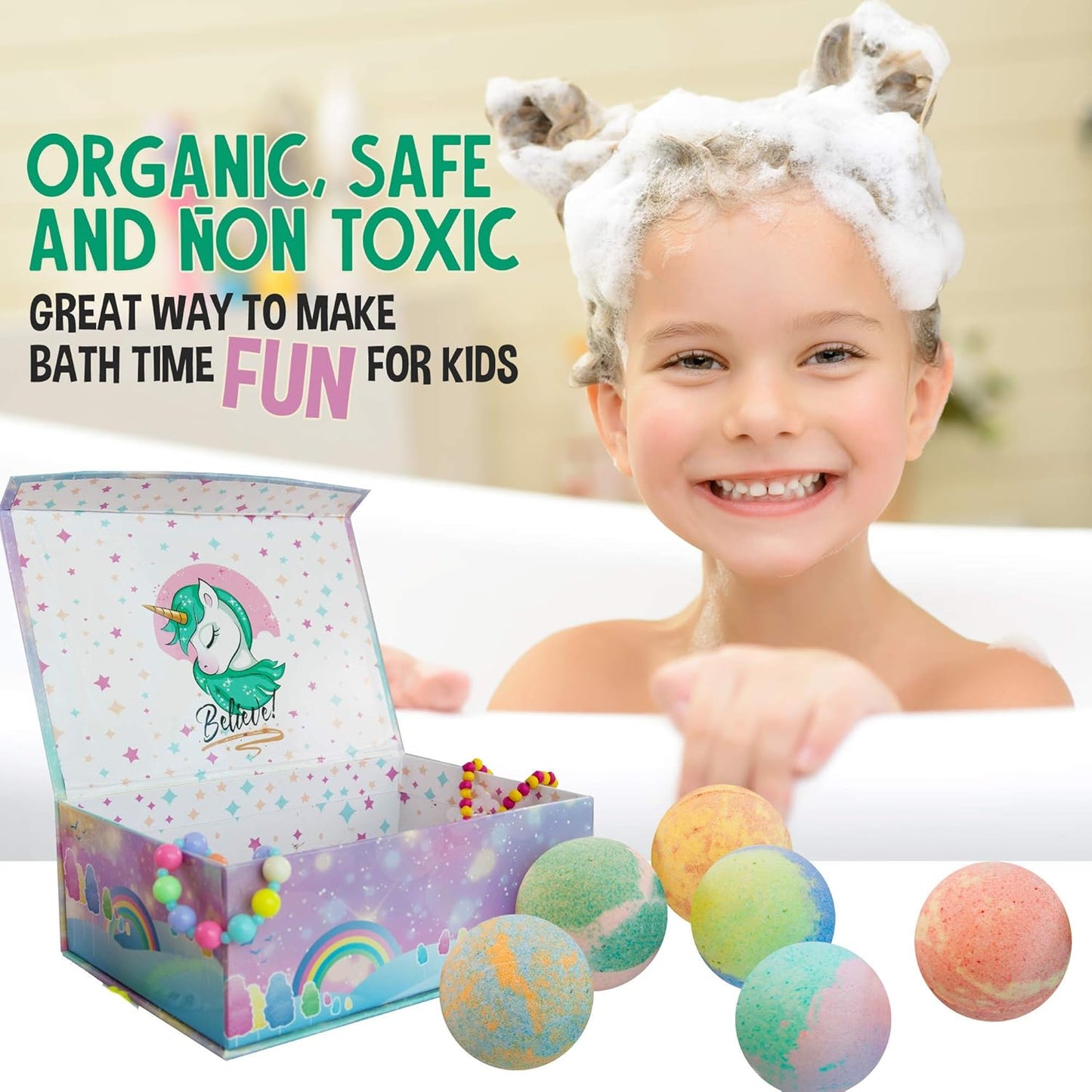 Bath Bombs for Kids with Surprise Inside, Unicorn Bath Bombs for Girls with Jewelry & Jewelry Box for Kids - Organic, Skin Moisturizing, Natural Bubble Bath, Easter Basket Essentials for Girls, Kids