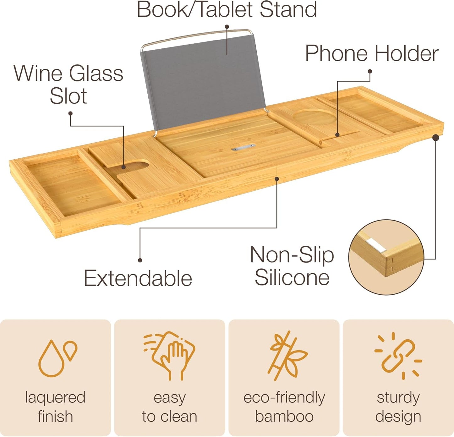 Bamboo Bathtub Tray for Tub - Expandable Bath Tray with Wine, Book & Tablet Holder - Luxurious Spa Accessories for Relaxation, Foldable Tub Caddy, Bath Table, Unique Gifts for Women & Men - by