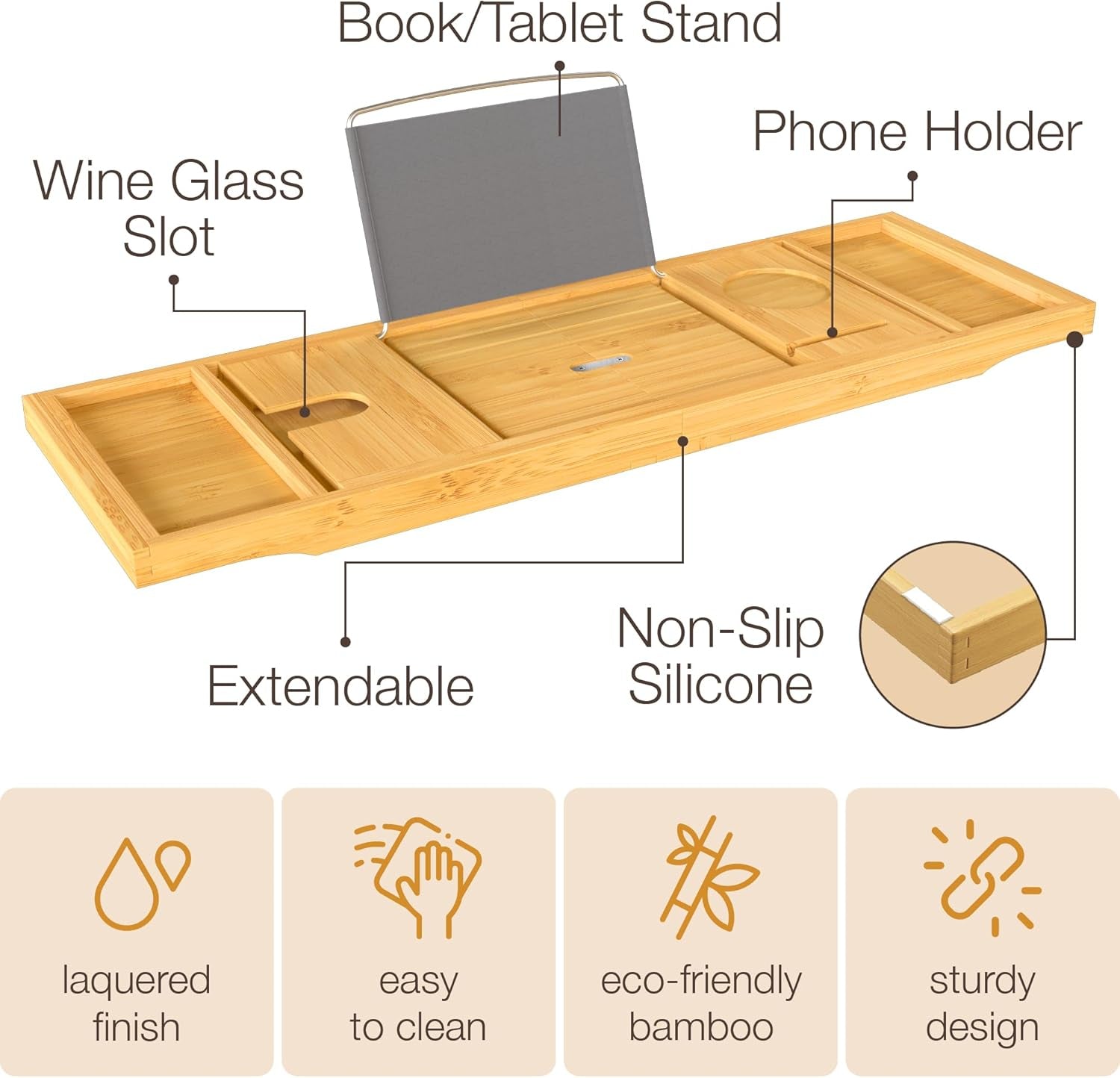 Bamboo Bathtub Tray for Tub - Expandable Bath Tray with Wine, Book & Tablet Holder - Luxurious Spa Accessories for Relaxation, Foldable Tub Caddy, Bath Table, Unique Gifts for Women & Men - by