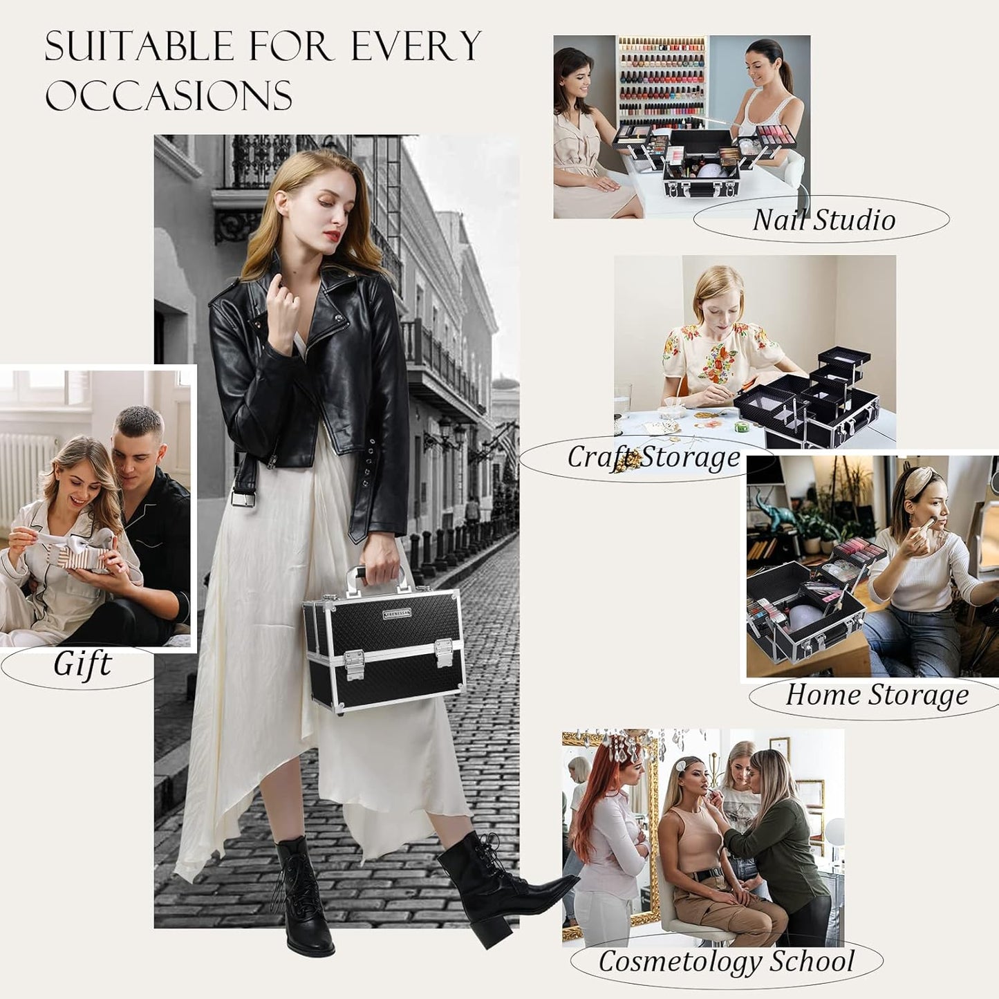 Makeup Train Case 12 Inch Large Portable Cosmetic Case - 6 Tier Trays Professional Makeup Storage Organizer Box Make up Carrier with Lockable Keys Travel Case for Women and Girls - Black