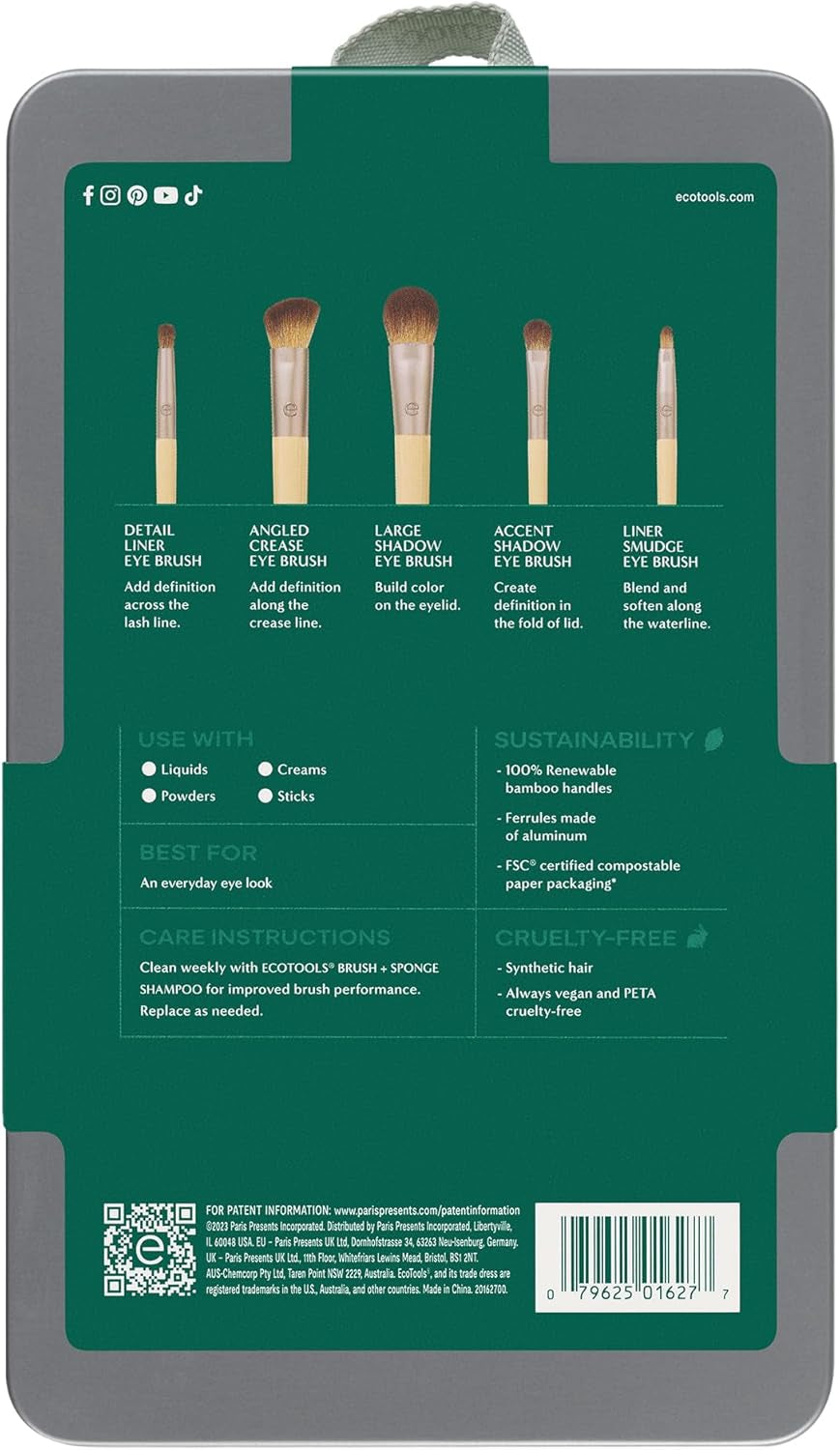 Daily Defined Eye Brush Kit, Makeup Brushes for Liquid, Powder, & Cream Eyeshadow & Eyeliner Application, Eco-Friendly Eye Brushes, Synthetic Hair, Cruelty Free, 5 Piece Set